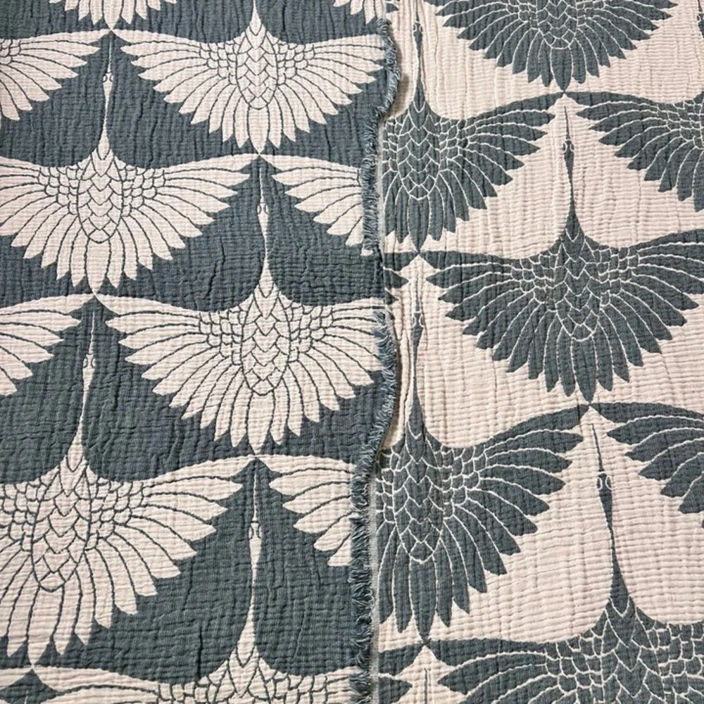 KING Luxury Bedspread Organic Muslin Quilted Crinkle 2 Side Peacock Teal Crane